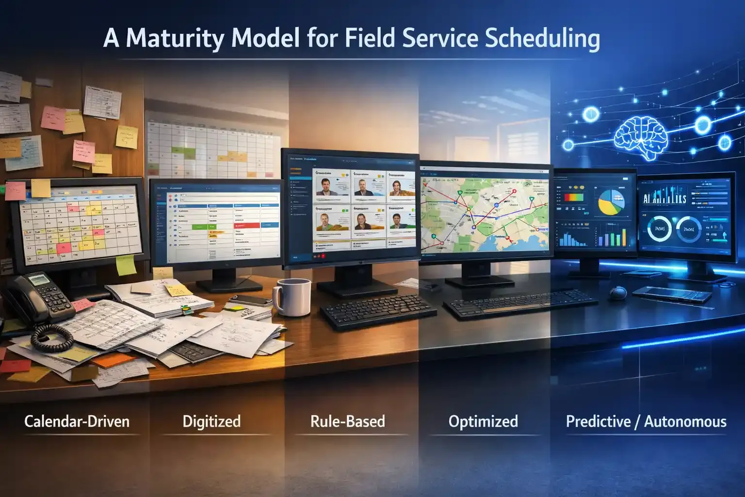 Field service scheduling maturity stages from manual to AI automation